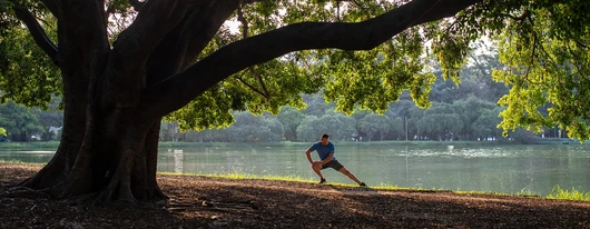 Man doet oefeningnen in een park